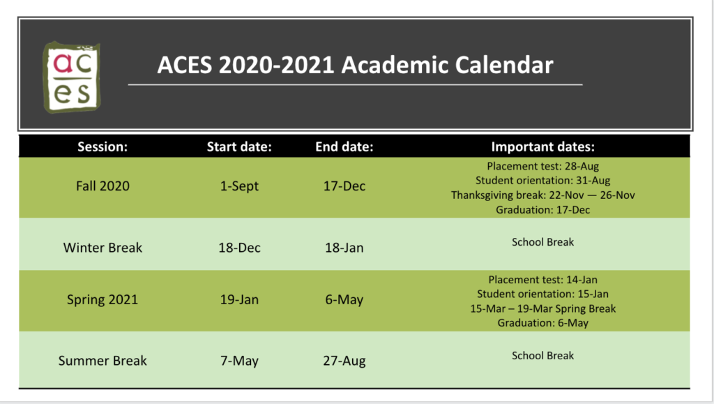 School Calendar ACES ESL School